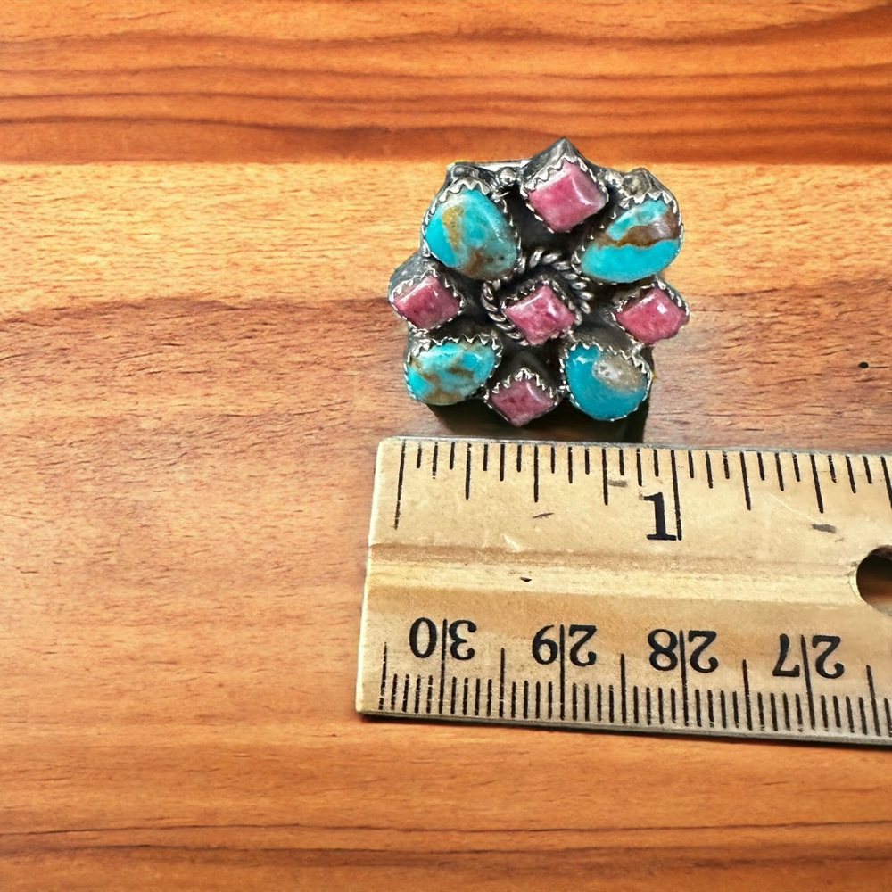 Turquoise & Rhodochrosite Solid Sterling Silver Ring - Picture 5 of 9